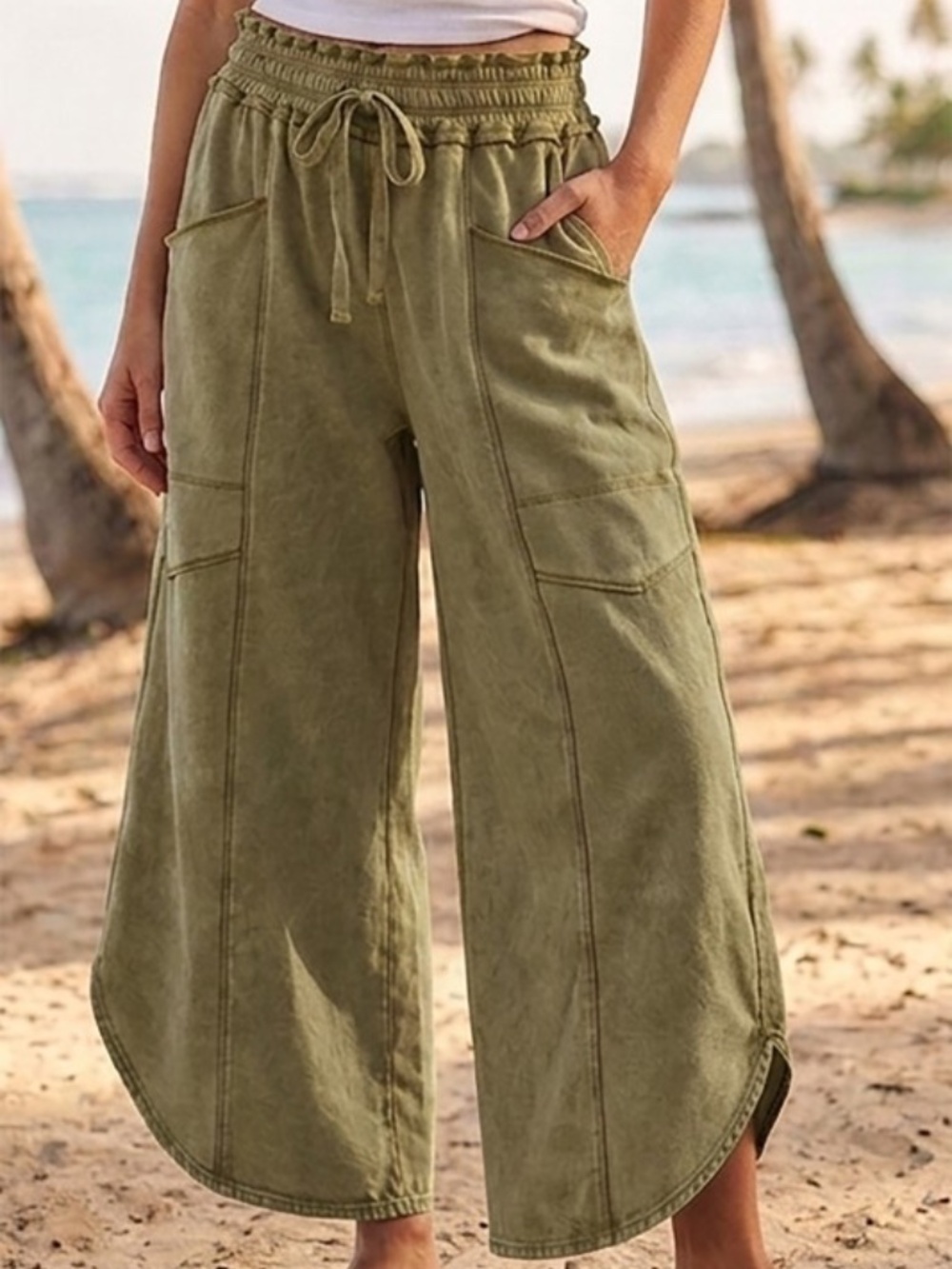LovLov Olive Mineral Wash Soft Casual Tulip Hem Pants